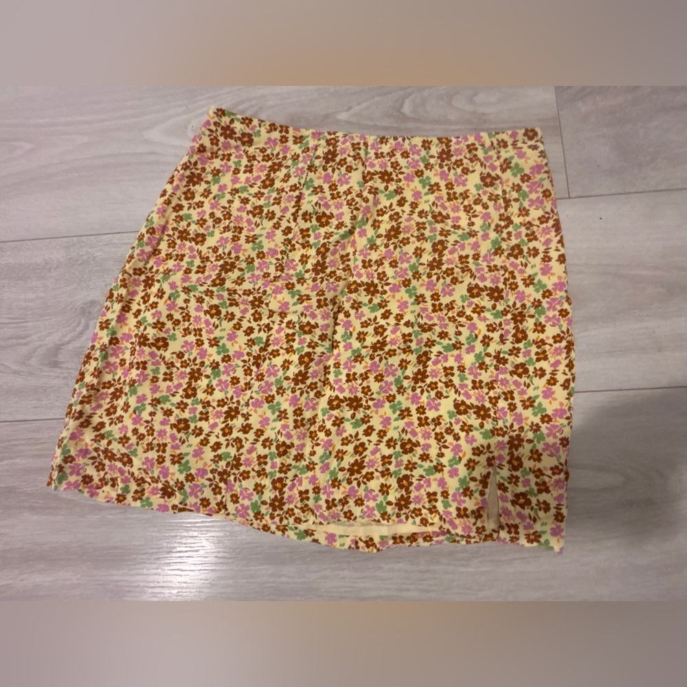 Mango Yellow Floral Mini Skirt with Pink and Brown Accents
